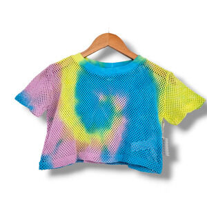 NEW Forever 21 Girls Tie Dye Fishnet Jersey Sheer Cropped Blue Top Size 9/10